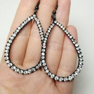 Vintage Large Rhinestone and Black Enamel Dangle Drop Shape Earrings, Estate